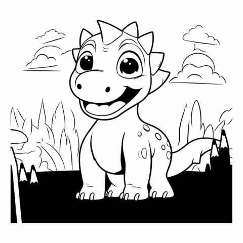 cute dinosaur in the field black and white vector illustration g