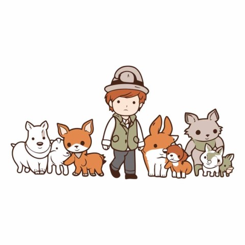 Illustration of a boy in safari outfit with a group of dogs