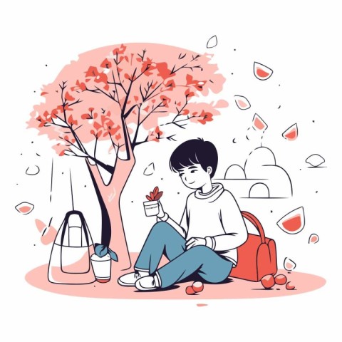 Illustration of a young man sitting on the ground under the tree