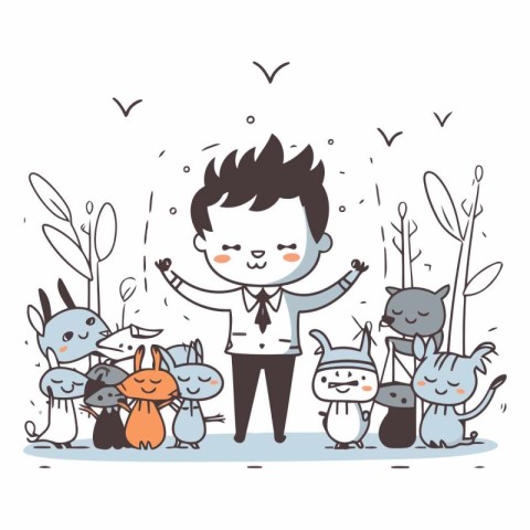 Vector illustration of a boy with a group of cats in the park