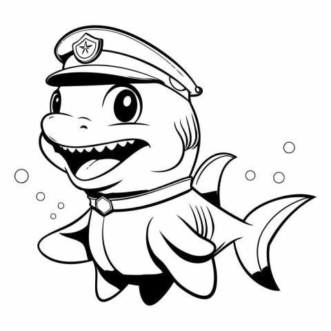 Black and White Cartoon Illustration of Cute Little Fish Police