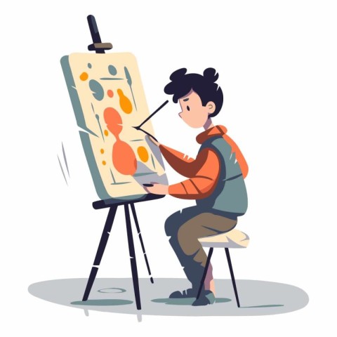 Young man artist drawing a picture on easel.