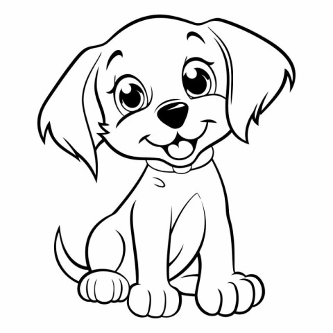 Cute Cartoon Puppy - Black and White Vector Illustration.