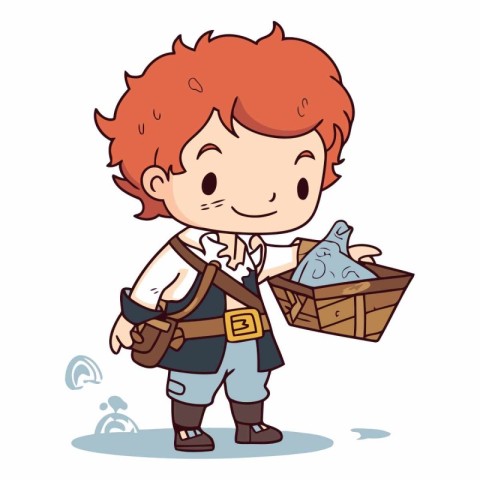 Cute boy with treasure chest in cartoon style.