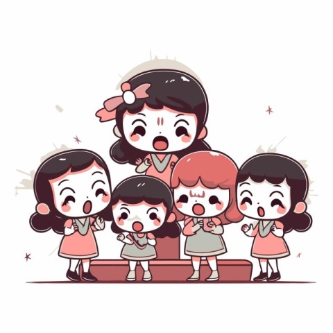 Vector illustration of a group of happy kids. Cute cartoon girls