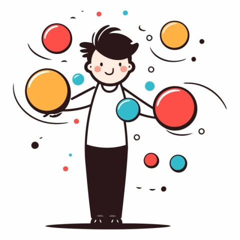 Illustration of a boy juggling balls on white background.