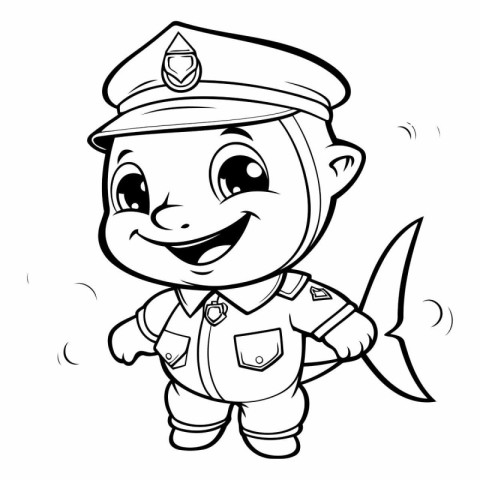 Black and White Cartoon Illustration of Cute Baby Police Officer