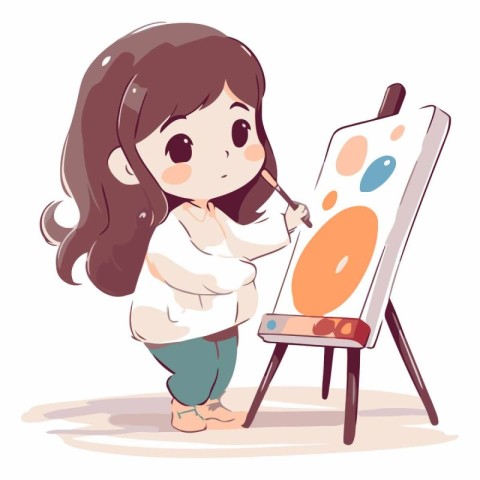 Girl painting on easel. Cute cartoon character.