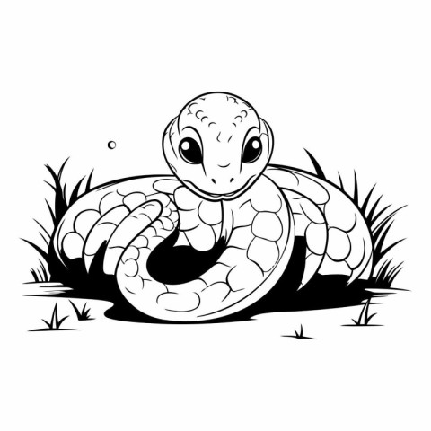 Cute snake in the grass. Black and white vector illustration.