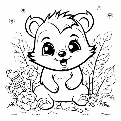 Coloring Page Outline Of a Cute Little Bear with Flowers