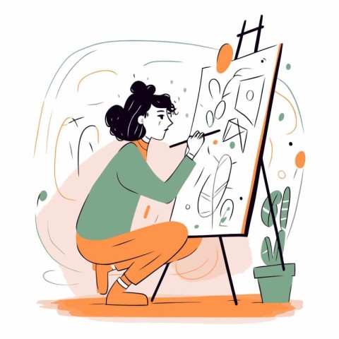 Vector illustration of a young woman drawing a picture on easel.