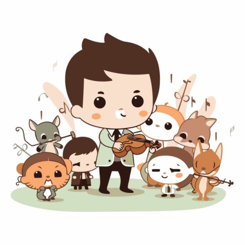 cute boy playing the violin with his group of animals vector ill