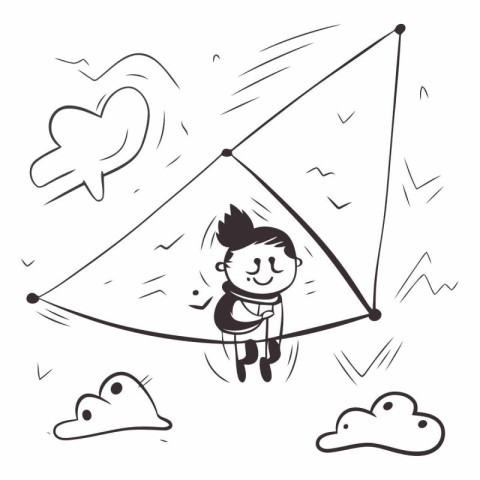 Cute boy flying on a kite. Doodle vector illustration.