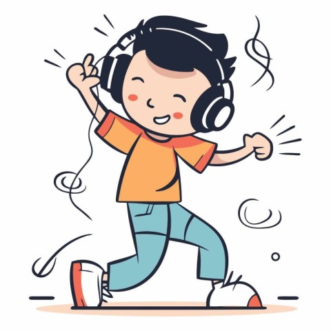 Cute little boy listening to music with headphones.