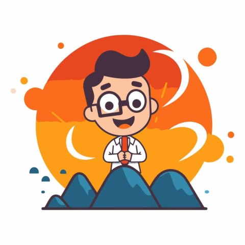 Businessman sitting on top of mountain. Flat style vector illust