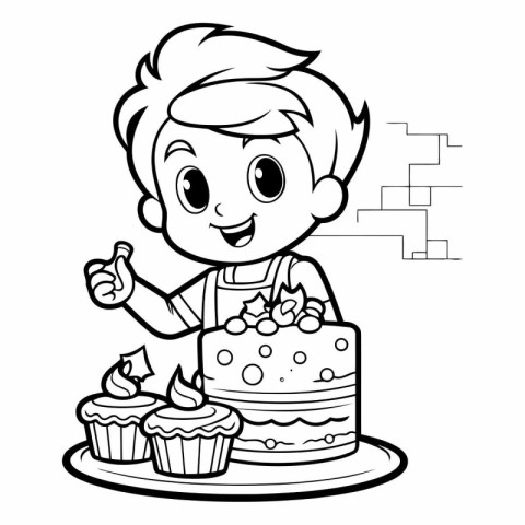 Black and White Cartoon Illustration of Kid Boy Eating Cake for