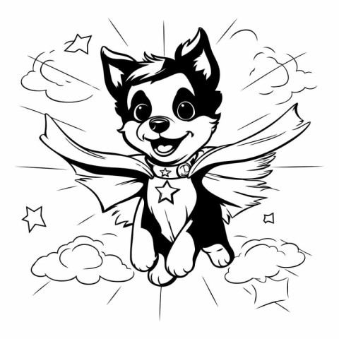 Black and White Cartoon Illustration of Cute Superhero Dog or Pu