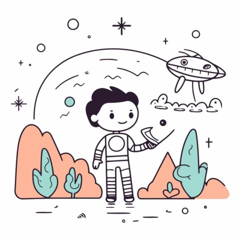 Astronaut in outer space. Doodle style.