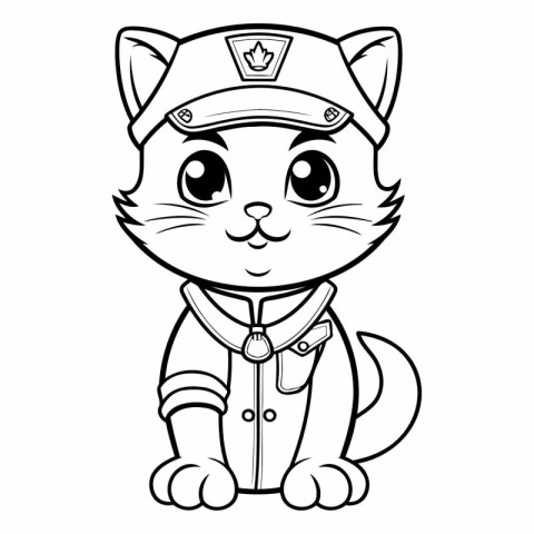 Black and White Cartoon Illustration of Cat Police Officer Chara