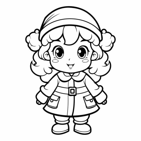 Black and White Cartoon Illustration of Cute Little Girl in Wint