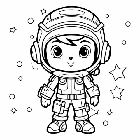 Black and White Cartoon Illustration of Cute Astronaut Boy Chara