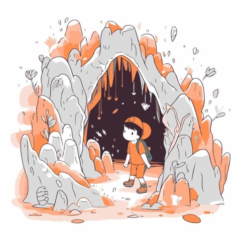 Little boy in a cave. Cute hand drawn vector illustration.