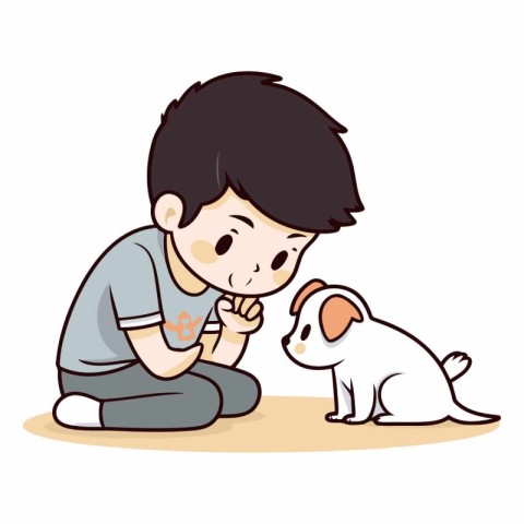 Illustration of a Little Boy Cuddling a Dog on a White Backgroun