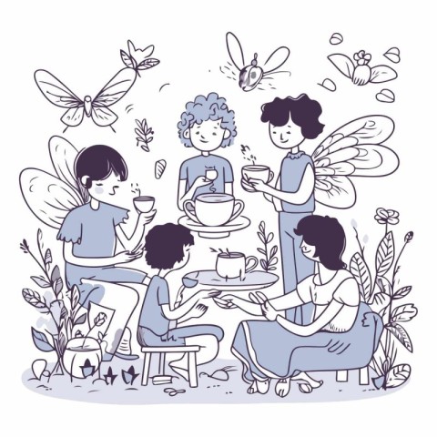 Vector illustration of a group of people having a tea party in t