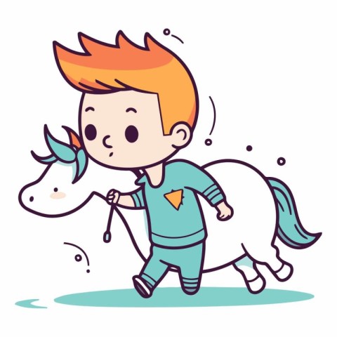 Cute little boy riding a unicorn in cartoon style.