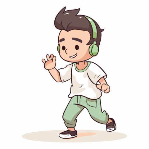 Boy listening to music with headphones and dancing. Vector carto