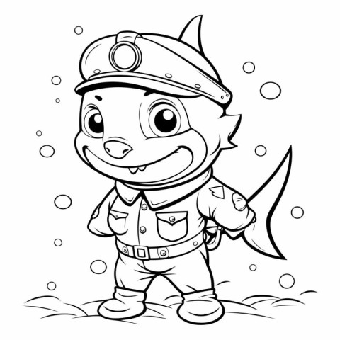 Black and White Cartoon Illustration of Cute Little Shark Captai