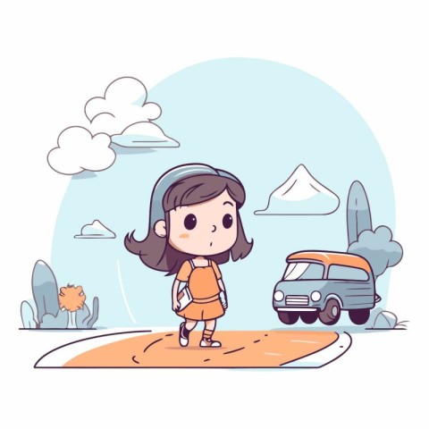 Cute cartoon girl with a car on the road.