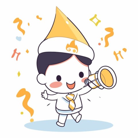 Cute boy in a party hat with a trumpet.