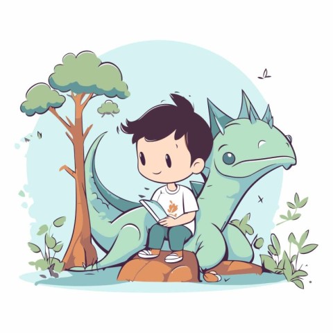 Boy reading a book in the jungle. Cute cartoon vector illustrati