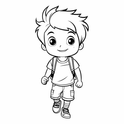 Cute little boy with backpack for coloring book.