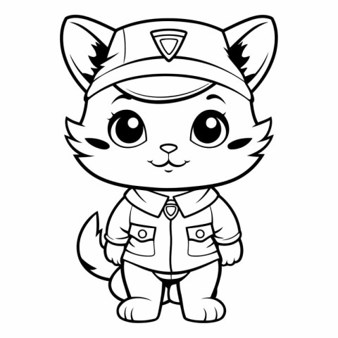 Black and White Cartoon Illustration of Cute Cat Police Animal C