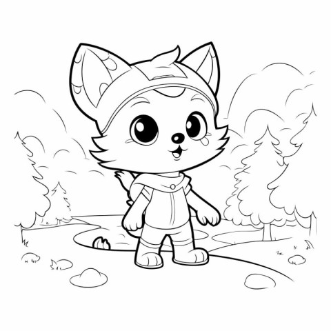 Coloring Page Outline Of a Cute Cartoon Fox in the Forest