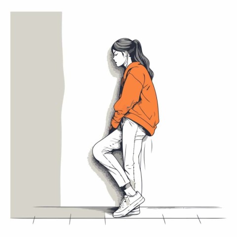 Vector illustration of a young woman in an orange sweater and je