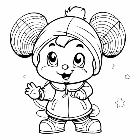 Outlined Cute Cartoon Mouse Character Wearing a Cap and Gloves