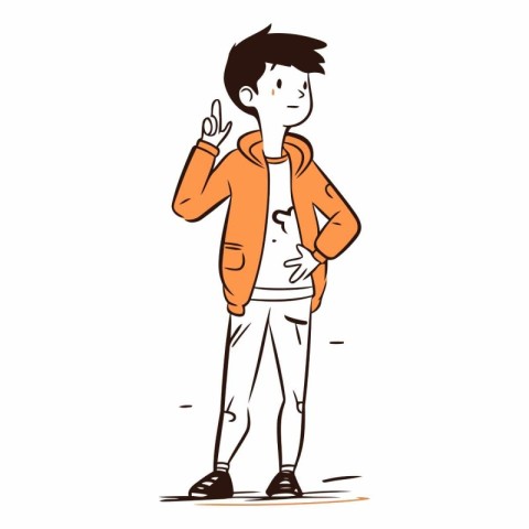 Young man in orange jacket and jeans. Vector hand drawn illustra