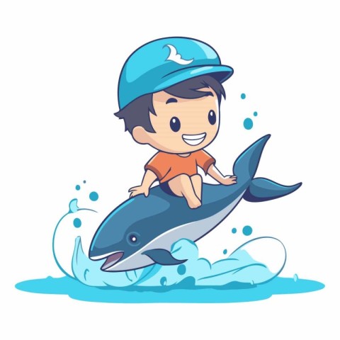 Cute little boy playing with a whale in the sea.