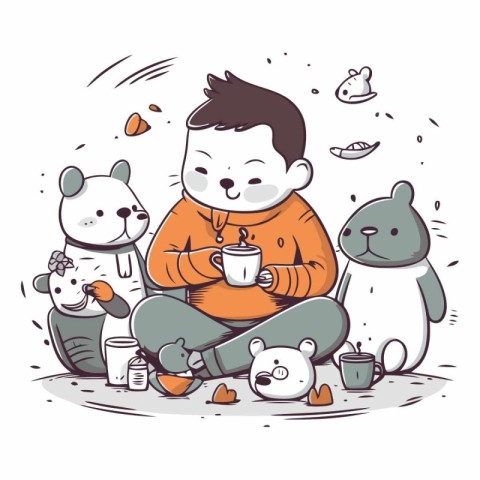 Illustration of a cute boy sitting and drinking tea with his fri