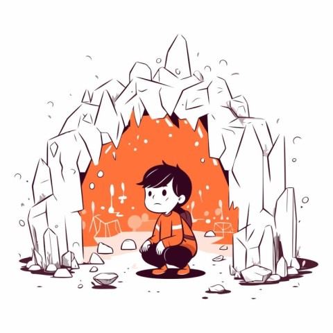 Vector illustration of a little boy sitting in front of a cave.