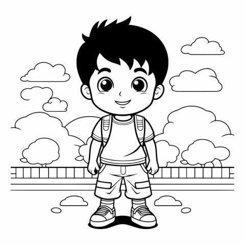 cute little boy with backpack in the park cartoon vector illustr