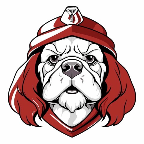 Bulldog head in a red cap and hood.