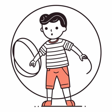 Little boy playing with a hoop in linear style.