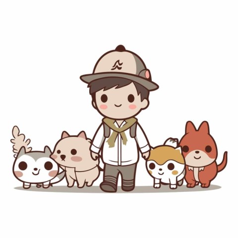 Cute boy scout with a group of pets.