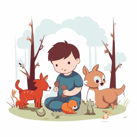 Little boy playing with dogs in the park. Cute cartoon vector il