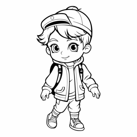 Cute little boy with backpack for coloring book.