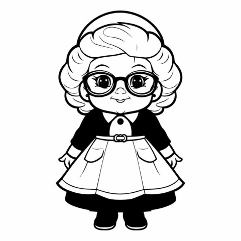 Cute cartoon girl with glasses. Black and white vector illustrat